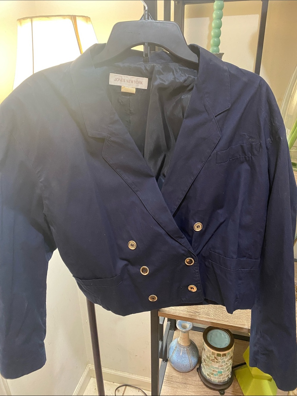 Jones New York Navy Cropped Double-Breasted Blazer with Gold Buttons